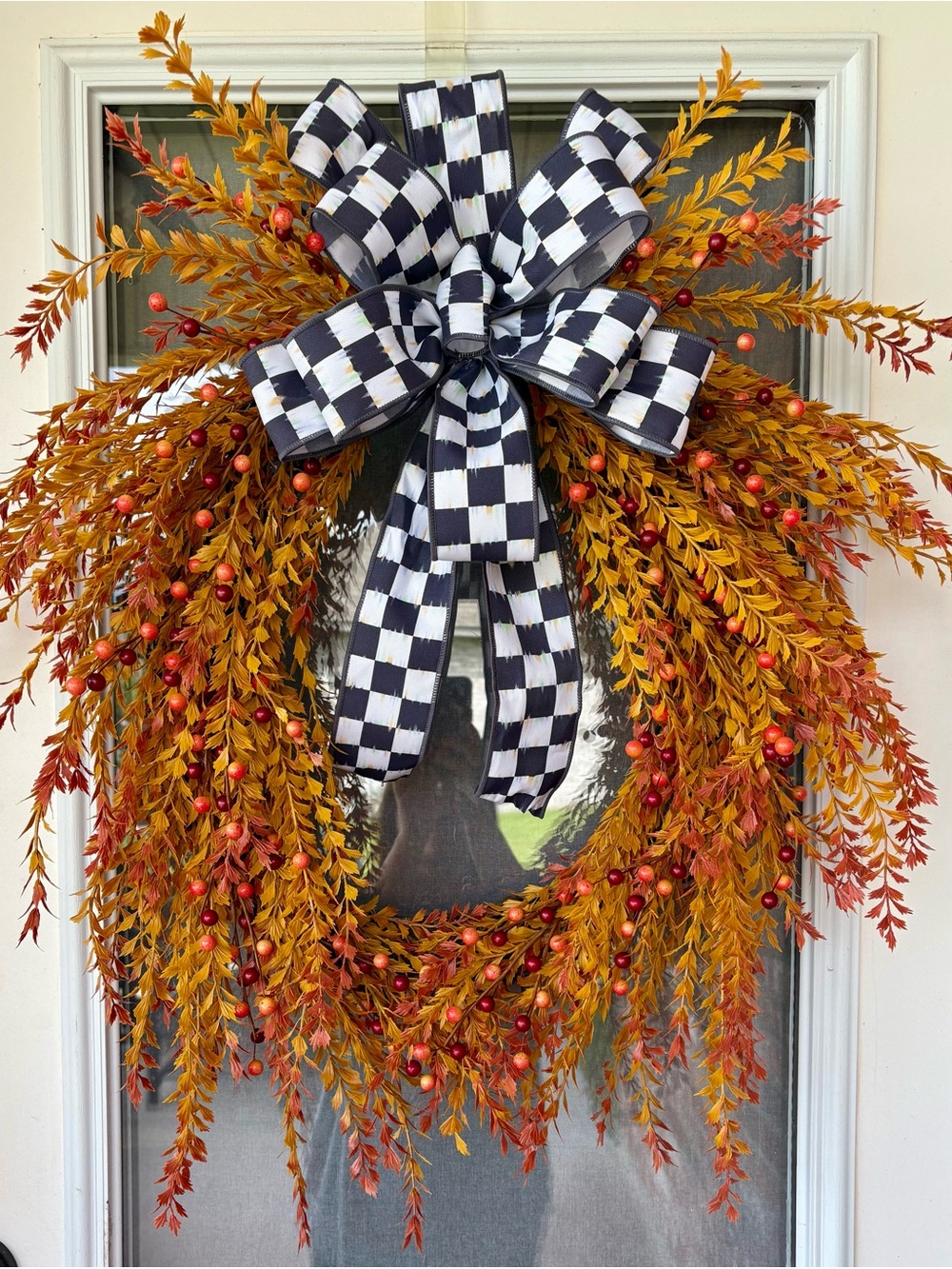 Autumn Harvest Fall Wreath with Black & White Check Bow